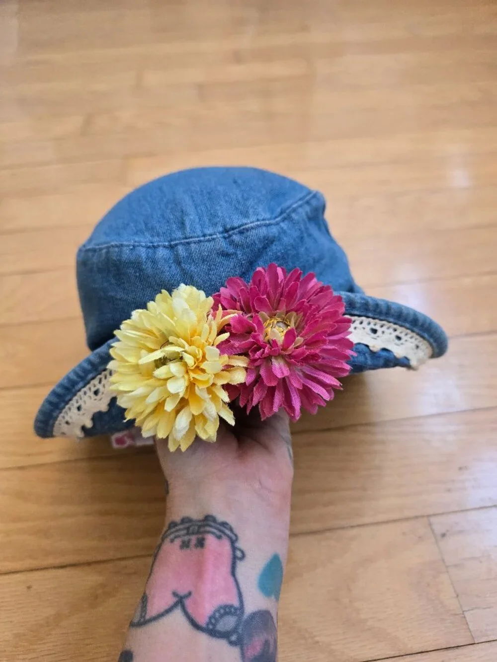 Vintage 90s Blossom Denim Bucket Hat with Crochet Lace & Faux Flowers